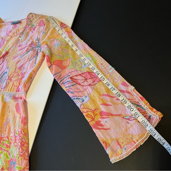LeTarte embelished tropical swim cover cardigan top, cotton, pastel colors, S/M - Picture 8 of 14